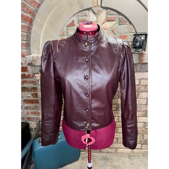 leather Jacket OXBLOOD red burgundy wine cropped puff sleeves - Picture 3 of 16